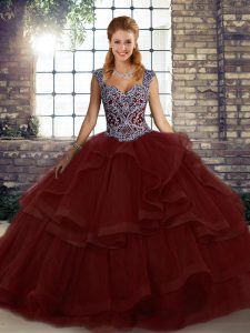 Ball Gowns 15 Quinceanera Dress Burgundy Straps Tulle Sleeveless Floor Length Lace Up