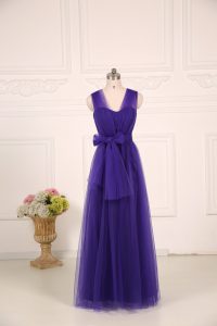 Customized Purple Empire Ruching Dama Dress for Quinceanera Zipper Tulle Sleeveless Floor Length