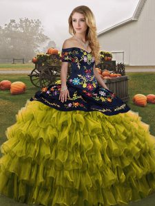 Designer Floor Length Lace Up Vestidos de Quinceanera Olive Green for Military Ball and Sweet 16 and Quinceanera with Embroidery and Ruffled Layers