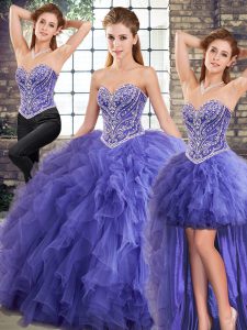 Amazing Lavender Tulle Lace Up 15th Birthday Dress Sleeveless Floor Length Beading and Ruffles