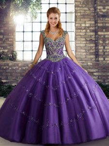 Purple Ball Gowns Tulle Straps Sleeveless Beading and Appliques Floor Length Lace Up Quince Ball Gowns
