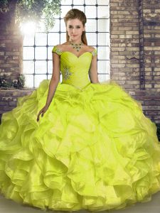 Yellow Ball Gowns Organza Off The Shoulder Sleeveless Beading and Ruffles Floor Length Lace Up Ball Gown Prom Dress