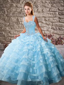 Lovely Lace Up Quinceanera Dress Blue for Sweet 16 and Quinceanera with Beading and Ruffled Layers Court Train