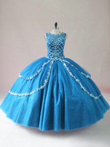 Glamorous Blue Ball Gowns Scoop Sleeveless Tulle Floor Length Lace Up Beading and Appliques Quinceanera Dress