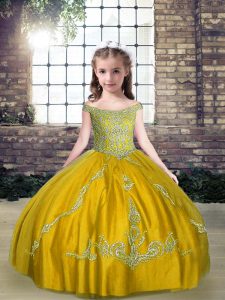 Low Price Olive Green Ball Gowns Tulle Off The Shoulder Sleeveless Beading Floor Length Lace Up High School Pageant Dress