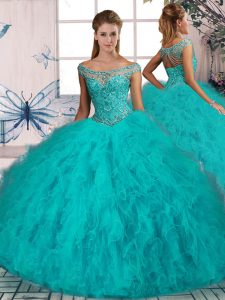 Aqua Blue Quinceanera Gown Sweet 16 and Quinceanera with Beading and Ruffles Off The Shoulder Sleeveless Brush Train Lace Up