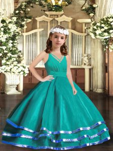 Custom Made Turquoise Ball Gowns Tulle V-neck Sleeveless Ruffled Layers Floor Length Zipper Pageant Dress for Girls