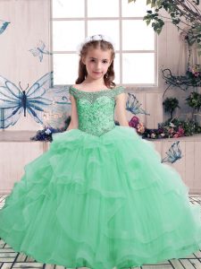 Luxurious Floor Length Apple Green Little Girls Pageant Dress Tulle Sleeveless Beading