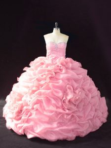 Attractive Sweetheart Sleeveless Court Train Lace Up Sweet 16 Quinceanera Dress Pink Organza