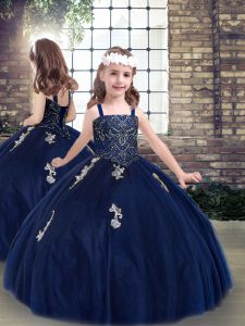 Simple Navy Blue Straps Neckline Beading and Appliques Pageant Dress Wholesale Sleeveless Lace Up
