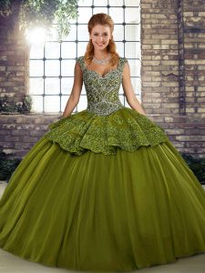 Ideal Tulle Straps Sleeveless Lace Up Beading and Appliques 15 Quinceanera Dress in Olive Green