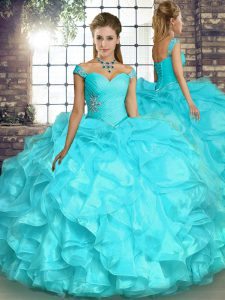 Wonderful Aqua Blue Ball Gowns Off The Shoulder Sleeveless Organza Floor Length Lace Up Beading and Ruffles 15th Birthday Dress