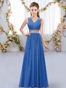 Elegant Floor Length Blue Vestidos de Damas V-neck Sleeveless Lace Up