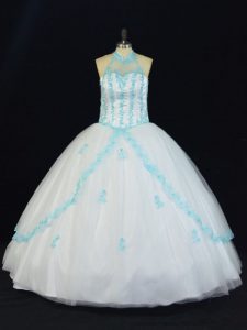 Cheap Ball Gowns Ball Gown Prom Dress Blue And White Halter Top Tulle Sleeveless Floor Length Lace Up