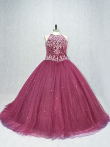 Scoop Sleeveless Ball Gown Prom Dress Brush Train Beading Burgundy Tulle