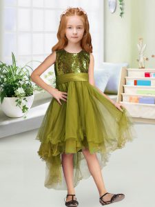 Luxury Olive Green Organza Zipper Scoop Sleeveless High Low Little Girls Pageant Gowns Sequins and Bowknot