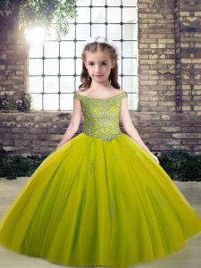 Scoop Sleeveless Lace Up Child Pageant Dress Olive Green Tulle