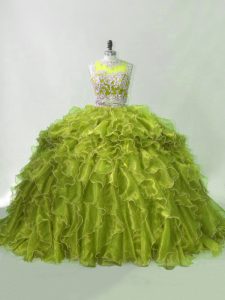 Nice Olive Green 15th Birthday Dress Organza Brush Train Sleeveless Beading and Ruffles