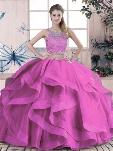 Lilac Lace Up Scoop Beading and Lace and Ruffles Ball Gown Prom Dress Tulle Sleeveless