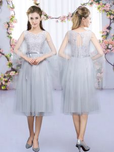 Best Selling Grey Sleeveless Lace and Belt Tea Length Quinceanera Dama Dress