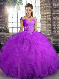 Purple Ball Gowns Tulle Off The Shoulder Sleeveless Beading and Ruffles Floor Length Lace Up Quince Ball Gowns