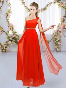 Red Chiffon Lace Up Dama Dress Sleeveless Floor Length Beading and Hand Made Flower