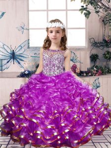 Organza Scoop Sleeveless Lace Up Beading and Ruffles Little Girl Pageant Dress in Lilac