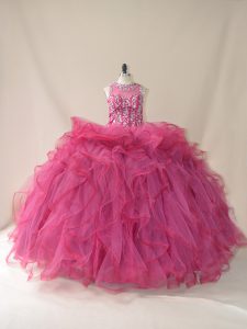 Popular Burgundy Scoop Neckline Beading and Ruffles 15th Birthday Dress Sleeveless Lace Up