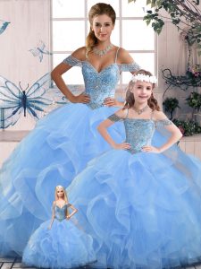 Inexpensive Sleeveless Tulle Floor Length Lace Up 15 Quinceanera Dress in Blue with Beading and Ruffles