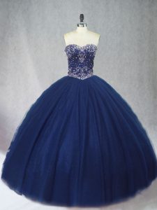 Excellent Navy Blue Tulle Lace Up Sweetheart Sleeveless Floor Length 15th Birthday Dress Beading
