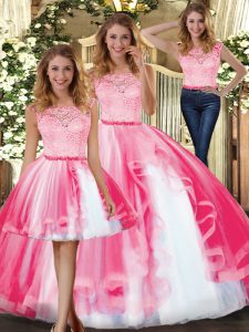 Sleeveless Lace and Ruffles Clasp Handle Quince Ball Gowns