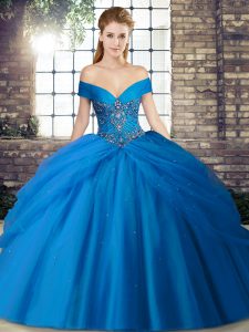Low Price Sleeveless Brush Train Beading and Pick Ups Lace Up Quince Ball Gowns