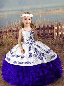 Customized Purple Organza Lace Up Pageant Gowns For Girls Sleeveless Floor Length Embroidery and Ruffles