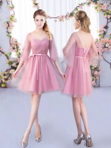Eye-catching Pink Lace Up V-neck Appliques and Belt Damas Dress Tulle Half Sleeves