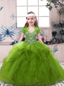 Super Beading Little Girl Pageant Gowns Olive Green Lace Up Sleeveless Floor Length