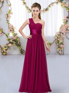 Fuchsia Chiffon Lace Up One Shoulder Sleeveless Floor Length Dama Dress for Quinceanera Belt