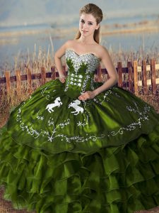 Flirting Olive Green Sleeveless Embroidery and Ruffles Floor Length Sweet 16 Dresses