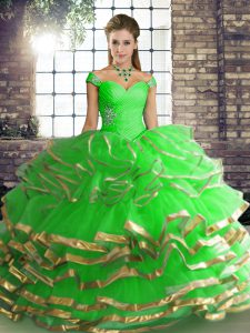 Custom Fit Green Ball Gowns Beading and Ruffled Layers Quince Ball Gowns Lace Up Tulle Sleeveless Floor Length