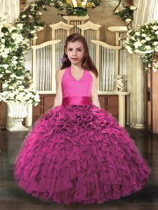 Hot Pink Organza Lace Up Pageant Gowns For Girls Sleeveless Floor Length Ruffles