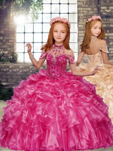 Modest Hot Pink Girls Pageant Dresses Party and Military Ball and Wedding Party with Beading and Ruffles High-neck Sleeveless Lace Up