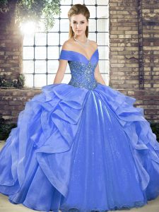 Fancy Blue Off The Shoulder Neckline Beading and Ruffles Sweet 16 Dress Sleeveless Lace Up