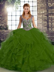 Superior Sleeveless Floor Length Beading and Ruffles Lace Up 15th Birthday Dress with Olive Green