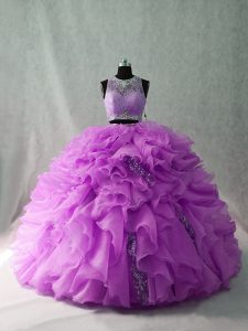 Superior Lilac Organza and Sequined Zipper Quinceanera Gowns Sleeveless Brush Train Beading and Ruffles