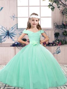 Sleeveless Lace Up Floor Length Lace and Belt Little Girls Pageant Gowns