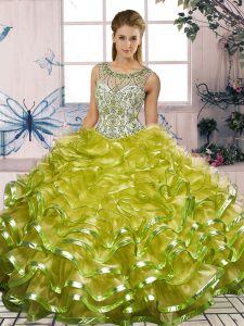 Hot Selling Scoop Sleeveless Lace Up Quince Ball Gowns Olive Green Organza