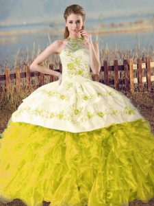 Discount Sleeveless Embroidery and Ruffles Lace Up Sweet 16 Dress with Yellow Green and Yellow Court Train