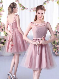 Pink A-line Appliques and Belt Vestidos de Damas Lace Up Tulle Sleeveless Knee Length