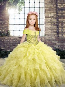 Yellow Pageant Dress Party and Military Ball and Wedding Party with Beading and Ruffles Straps Sleeveless Lace Up