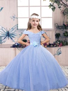 Low Price Floor Length Lace Up Pageant Gowns For Girls Light Blue for Party and Wedding Party with Lace and Belt