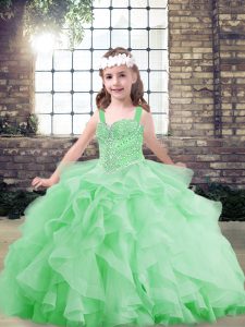 Straps Sleeveless Tulle Kids Formal Wear Beading and Ruffles Lace Up